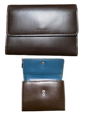 Lodis Two-Tone Leather Trifold Checkbook Wallet Brown & Turquoise Blue